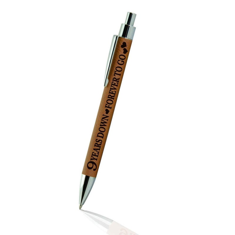KATE POSH - 9 Years Down, Forever to Go Engraved Leather Pen, Our 9th Wedding Anniversary, 9 Years as Husband & Wife, Gifts for Her, Him & Couples, Rawhide - Image 1
